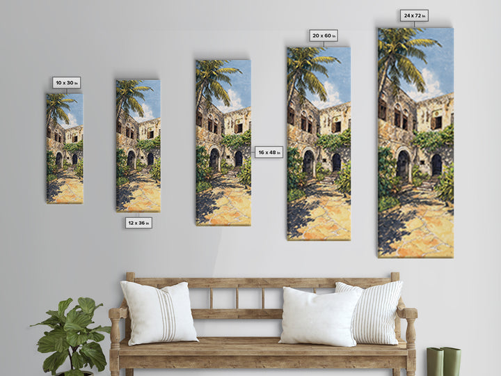 Tropical Ruin Courtyard Wall Art, Zanzibar Palm Architecture Canvas Print, African Travel Decor, Botanical Home Decor Gift