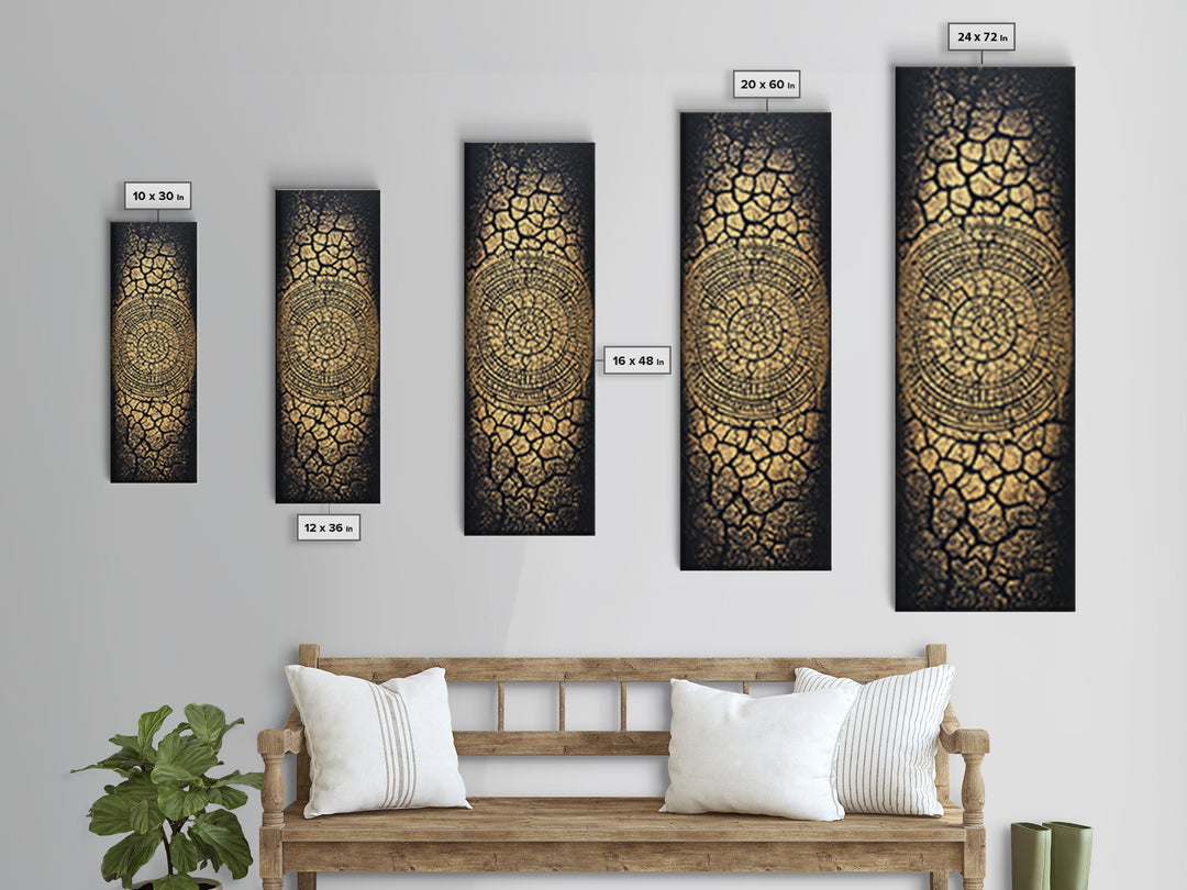 Gold Spiral On Black Cracked Texture Wall Art, African Inspired Abstract Canvas Print, Luxe Tribal Modern Home Decor Gift