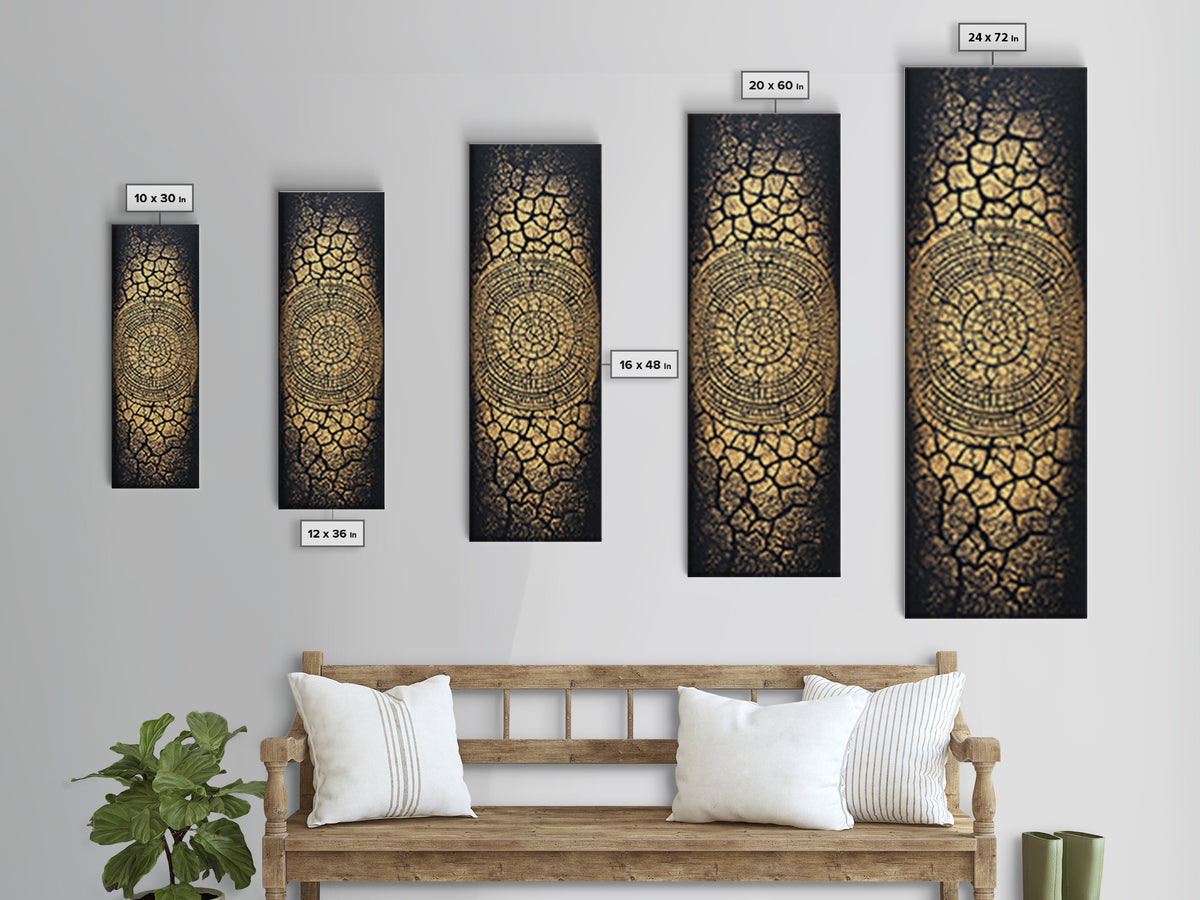 Gold Spiral On Black Cracked Texture Wall Art, African Inspired Abstract Canvas Print, Luxe Tribal Modern Home Decor Gift