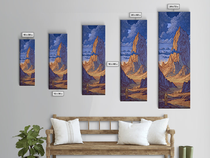 Blue Desert Mountain Monolith And Lone Figure Wall Art, Mystical Landscape Canvas Print, Dreamy Southwest Fantasy Decor Gift