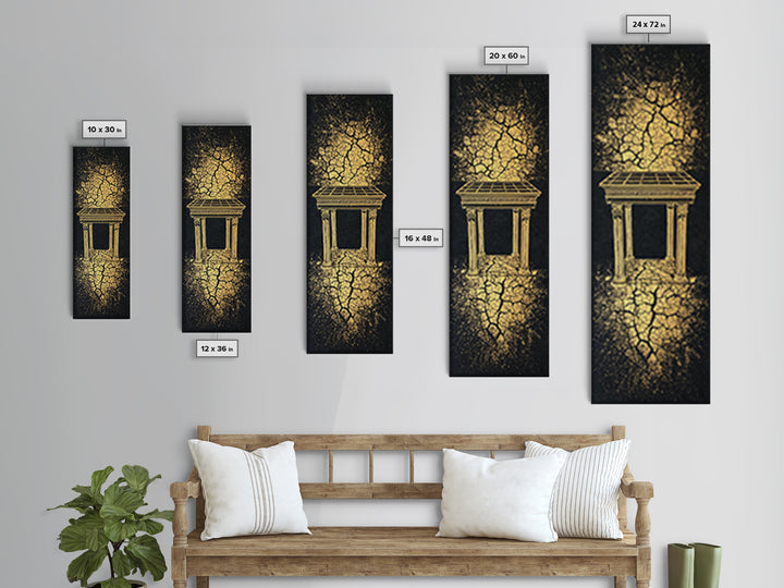 Golden Temple Portal Wall Art, Cracked Black Abstract African Inspired Decor, Ancient Ruins Canvas Print For Elegant Home