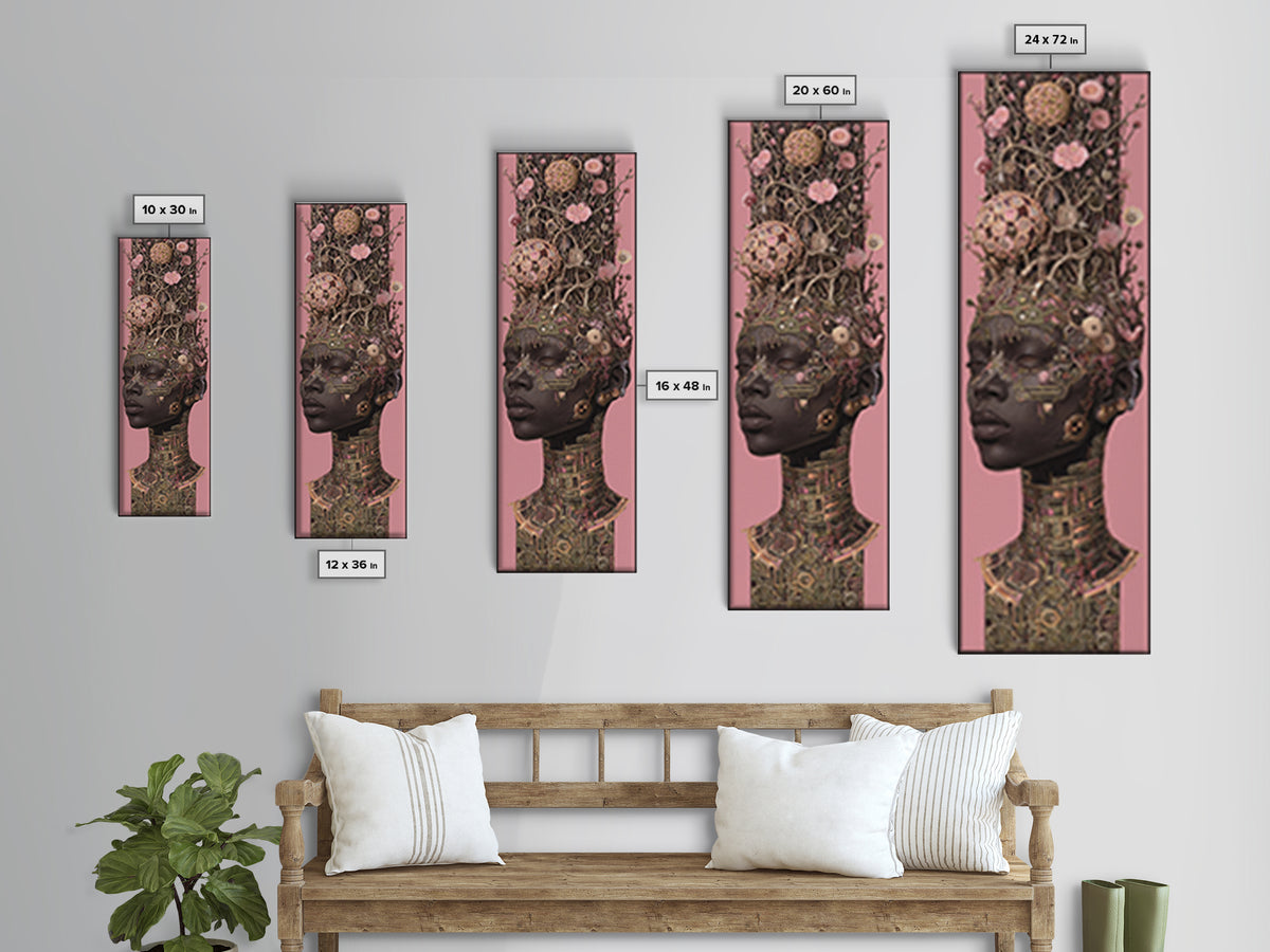 Regal Black Woman With Floral Tech Headdress Framed Canvas Print, African Queen Wall Art, Afrocentric Decor Gift For Her