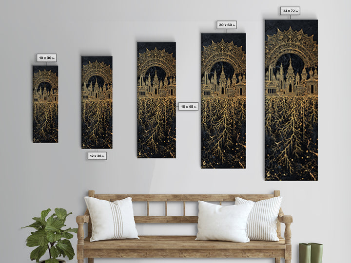 Gold Islamic Arch And Rooted Palace Framed Canvas Print, Black Spiritual Wall Art, Ornate Cultural Decor, Luxury Gift For Home