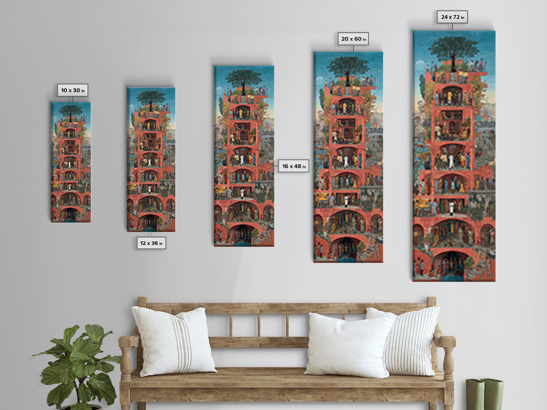 Red Vertical Community Tower Canvas Print, African City Life Wall Art, Tree Rooftop Garden, Cultural Home Decor Gift For Her