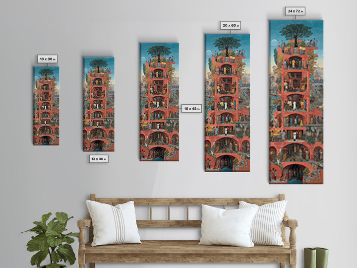 Red Vertical Community Tower Canvas Print, African City Life Wall Art, Tree Rooftop Garden, Cultural Home Decor Gift For Her