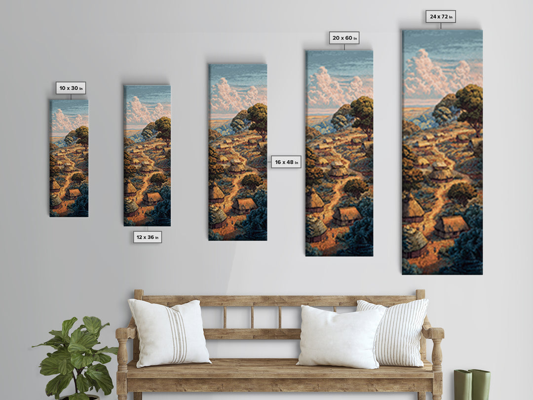 Sunlit Hillside African Village Framed Canvas Print, Boho Landscape Wall Decor, Nature Scene Art, Warm Earth Tone Gift Idea