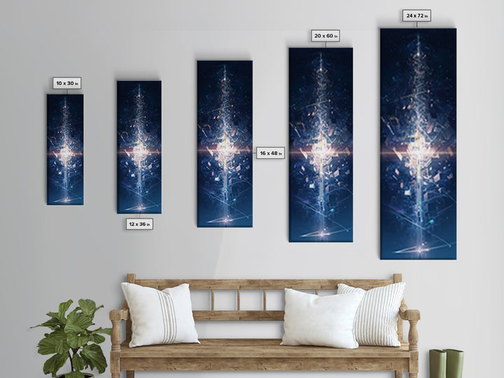 Futuristic Blue Light Tower In Dark Digital City, Canvas Print, Modern Abstract Wall Art, Afrofuturism Office Decor Gift
