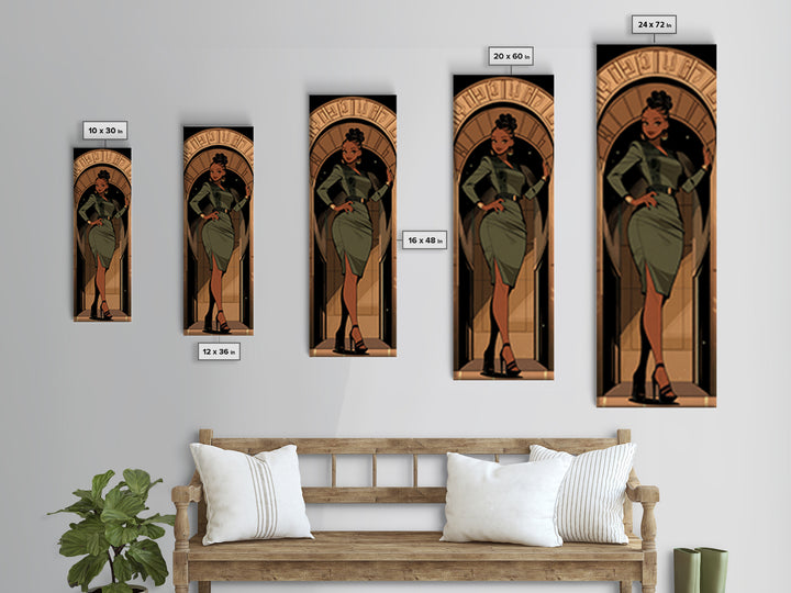 Elegant Black Woman In Green Dress Framed Canvas Print, Afrocentric Wall Art, Fashion Portrait, Black Beauty Home Decor, Gift