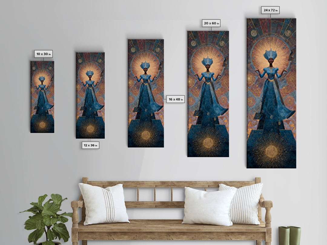 Blue African Goddess With Crown And Radiant Halo Framed Canvas Print, Black Queen Portrait, Afrocentric Luxury Wall Decor