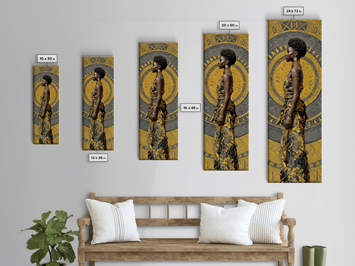 Elegant Black Woman In Gold Dress Canvas Print, African Portrait Wall Art, Afrocentric Fashion Decor, Modern Cultural Gift
