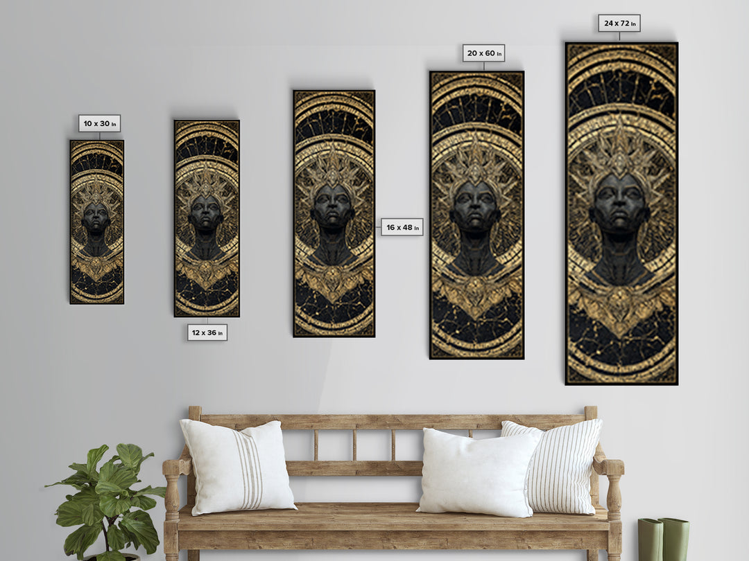 Ancient Black Queen With Golden Crown Framed Canvas Print, African Mask Inspired Portrait, Afrocentric Luxury Wall Decor