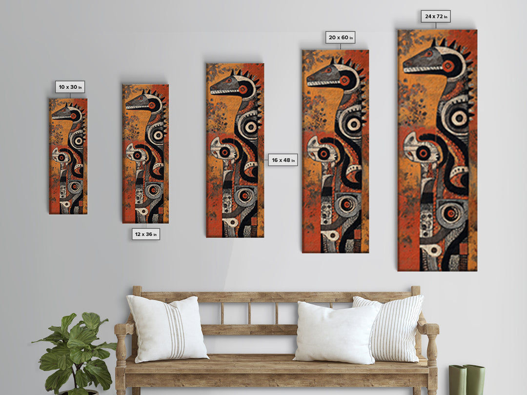 Textured African Totem Horse Framed Canvas Print, Tribal Mask Wall Art, Orange Black Decor, Cultural Statement Artwork Gift