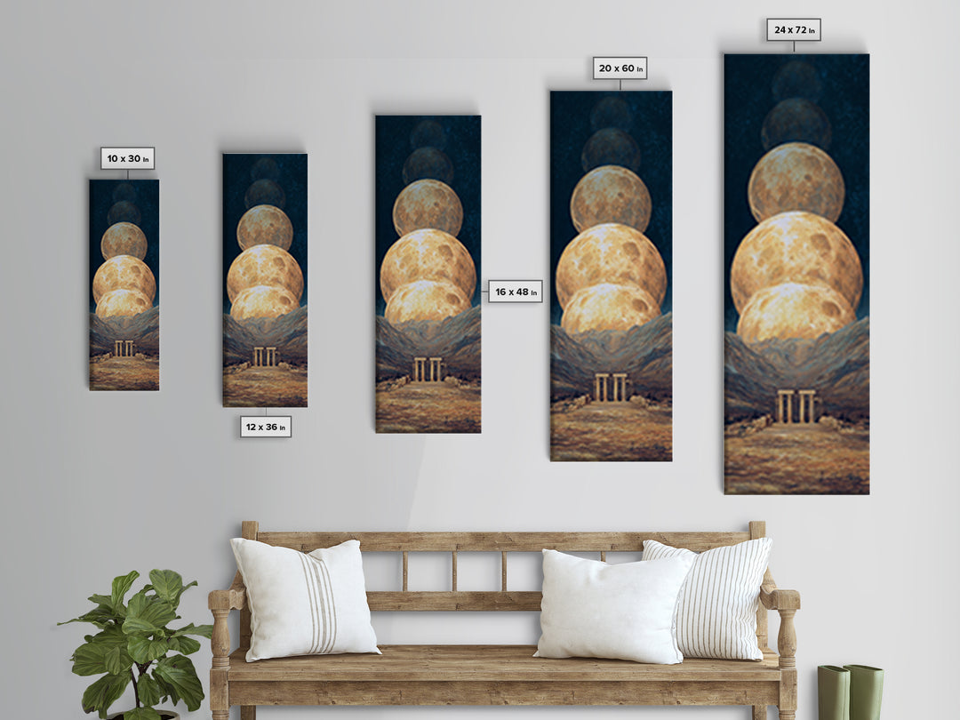 Stacked Golden Moons Over Desert Temple Wall Art, African Inspired Celestial Landscape, Luxury Canvas Decor, Mystical Home Gift