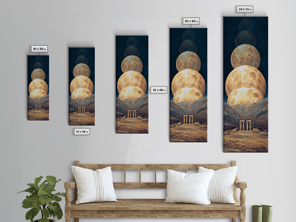 Stacked Golden Moons Over Desert Temple Wall Art, African Inspired Celestial Landscape, Luxury Canvas Decor, Mystical Home Gift