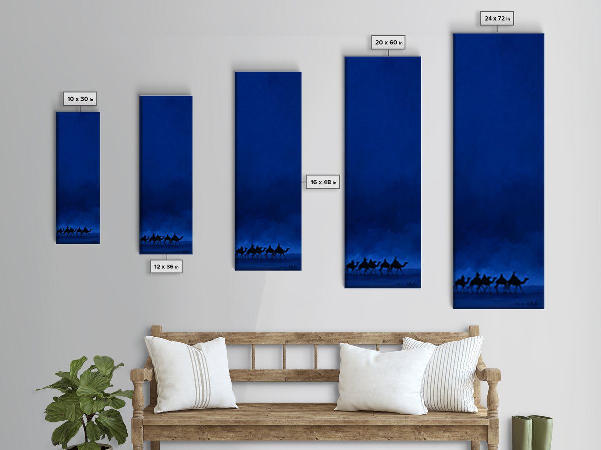 Midnight Blue Camel Caravan Wall Art, African Desert Landscape Print, Minimal Safari Decor, Large Canvas For Modern Home
