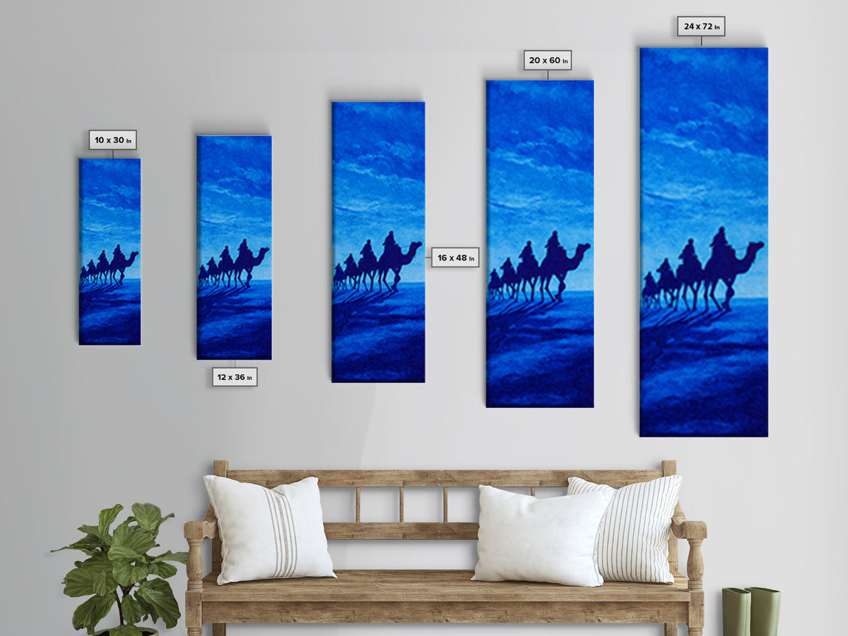 Bright Blue Camel Caravan Canvas Print, African Travel Wall Art, Sahara Desert Decor, Minimal Safari Artwork For Serene Home