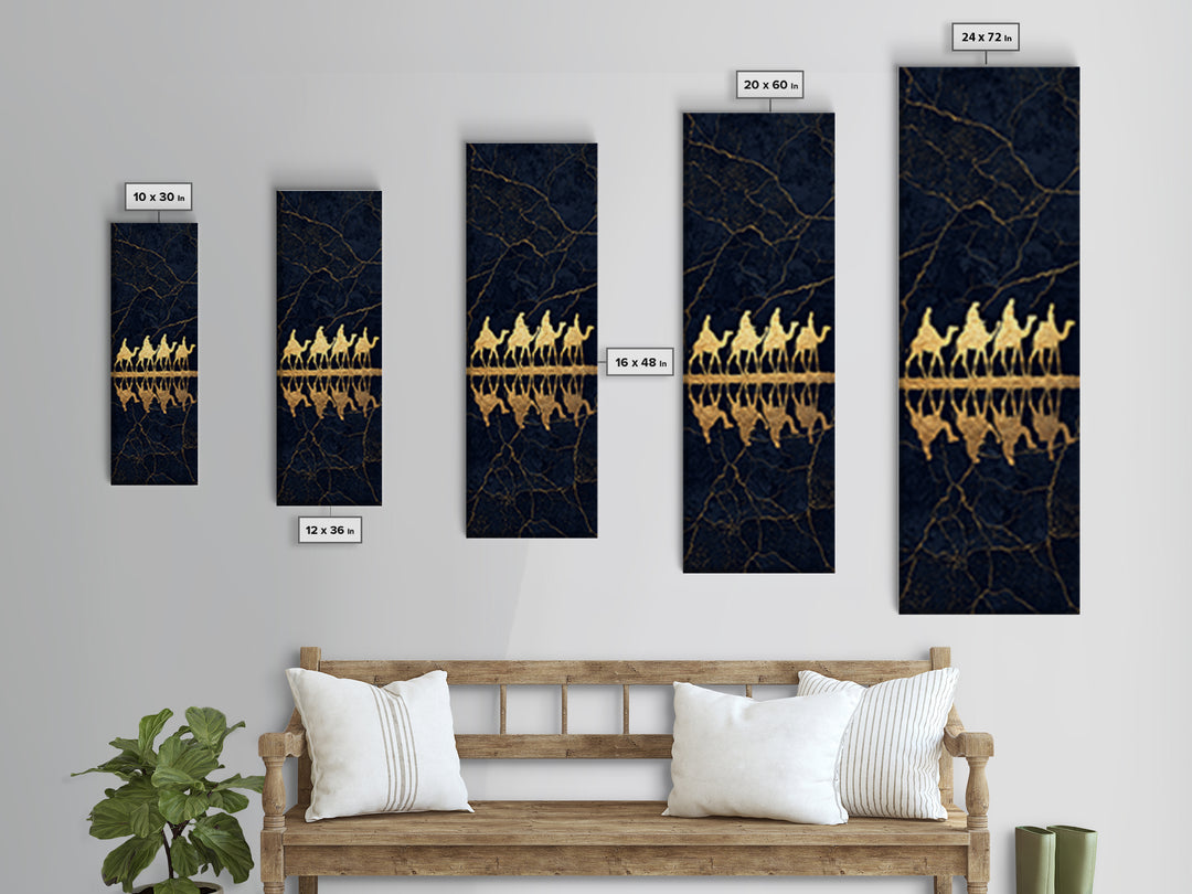 Gold Camel Caravan Framed Canvas Print, Black Marble African Safari Art, Luxury Wall Decor, Boho Desert Travel Artwork Gift