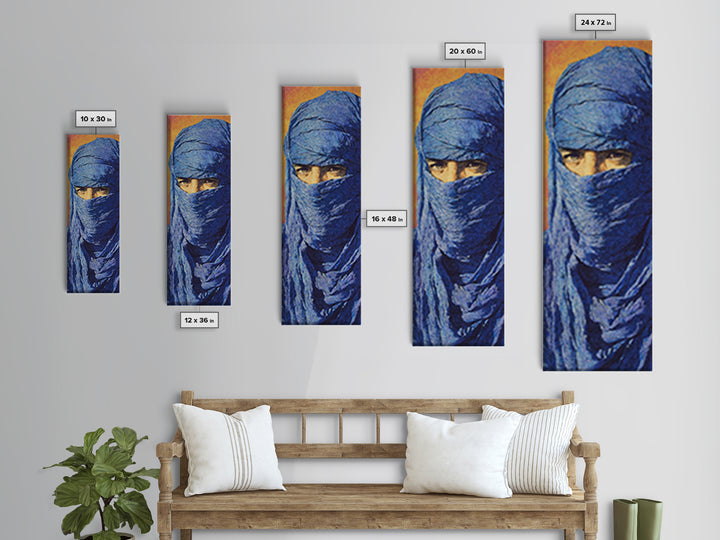 Blue Veiled Desert Man Wall Art, African Portrait Canvas Print, Tuareg Nomad Artwork, Bold Orange Cultural Home Decor Gift
