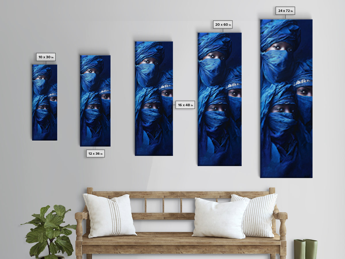 Three Blue Veiled Nomads Framed Canvas Print, African Portrait Art, Tuareg Portrait Wall Art, Indigo Afrocentric Decor Gift