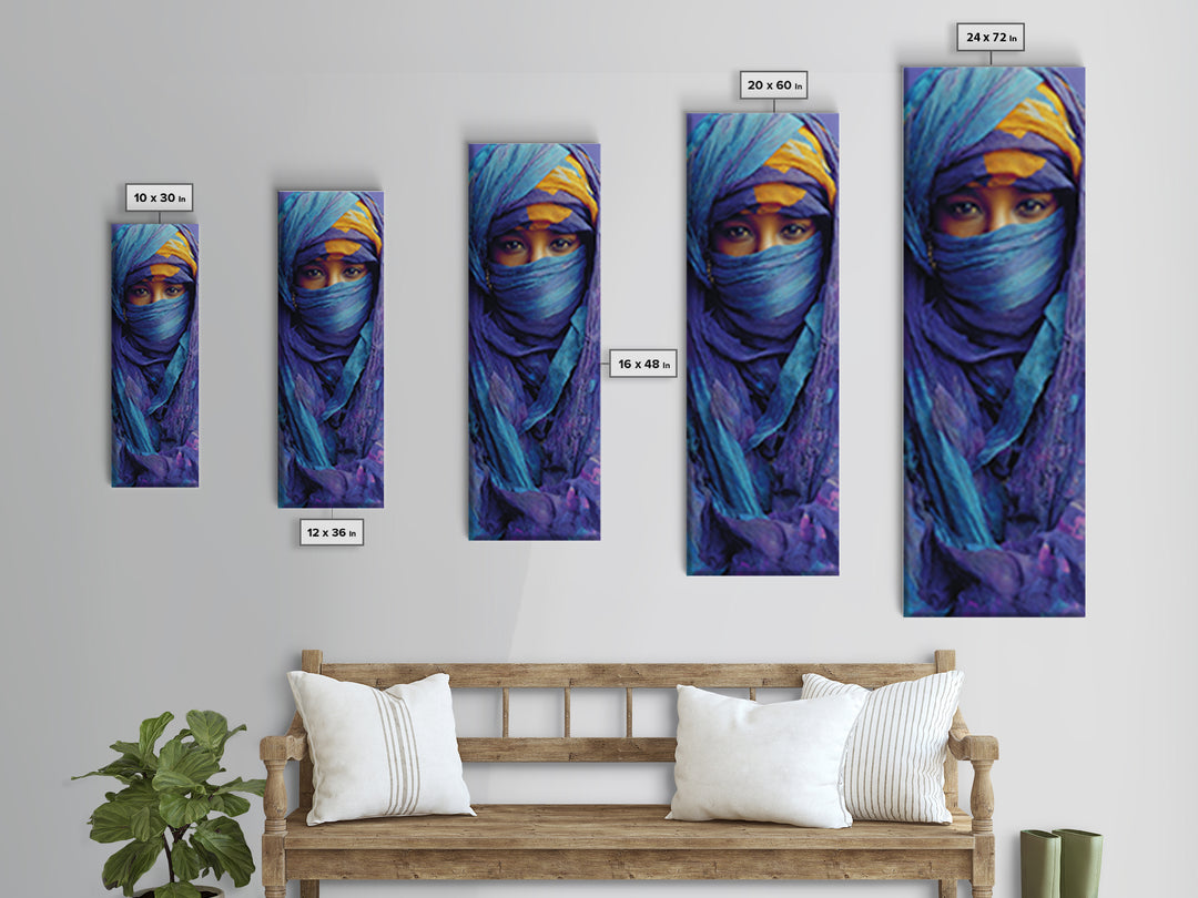 Turquoise Veiled African Woman Wall Art, Blue Purple Portrait Canvas Print, Desert Nomad Decor, Black Beauty Art Gift For Her