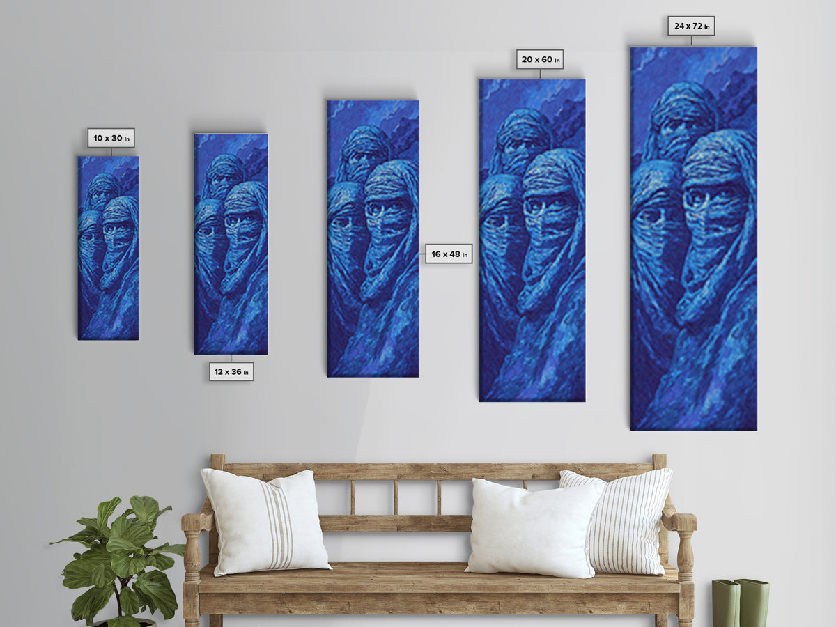 Mystic Blue Veiled Trio Canvas Print, Abstract African Portrait Wall Art, Tuareg Nomad Decor, Spiritual Indigo Artwork Gift