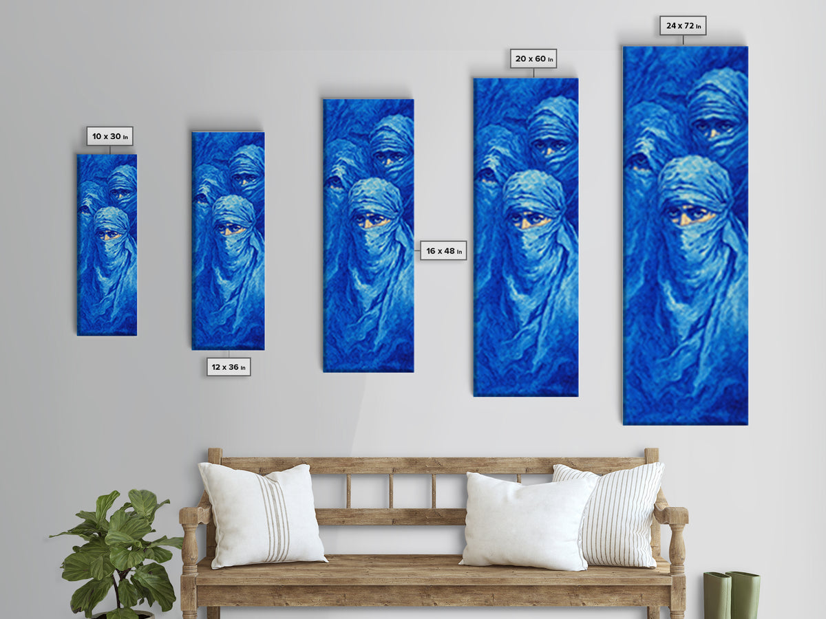 Dreamy Blue Veiled Women Wall Art, African Women Art Canvas Print, Indigo Nomad Portrait, Feminine Afrocentric Decor Gift