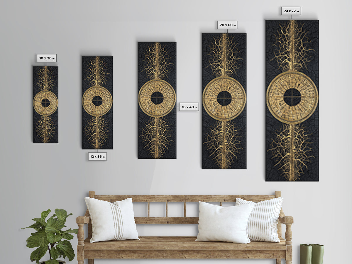 Gold Tribal Sun Disc On Cracked Black Texture Wall Art, African Abstract Decor, Modern Afrocentric Canvas, Statement Home Decor
