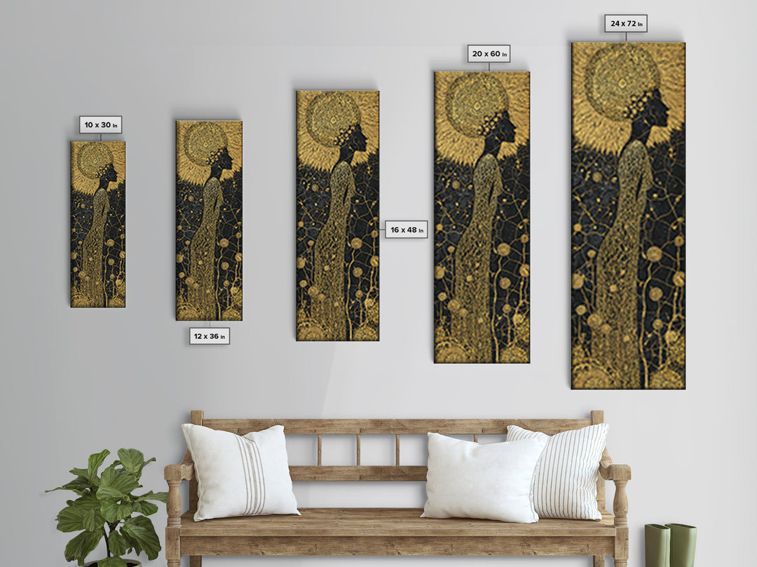 Gold Black African Woman Canvas Print, Elegant Silhouette Floral Pattern, Black Goddess Art, Luxury Afrocentric Wall Decor