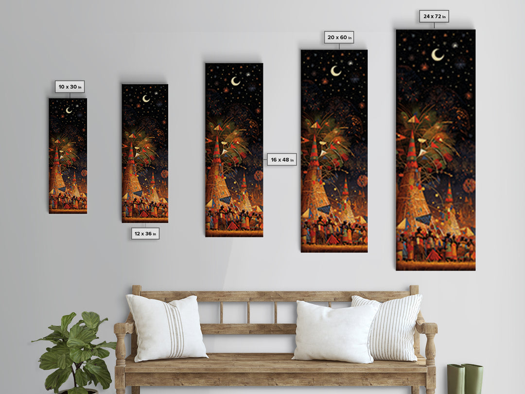 Starry African Village Night Wall Art, Crescent Moon Festival Scene, Afrocentric Decor, Mystical Cultural Canvas Print Gift