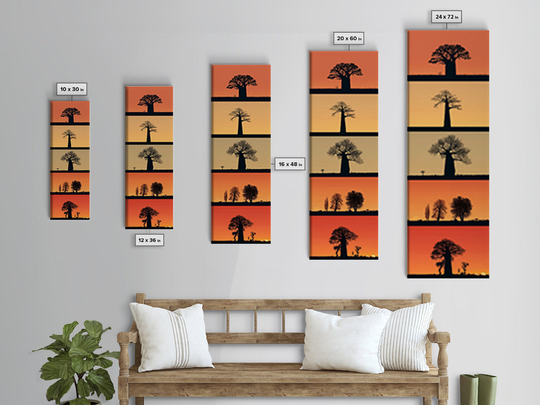 Minimal Baobab Horizon Panels, African Wall Art, Sunset Tree Silhouette, Modern Safari Decor, Vertical Framed Canvas Print