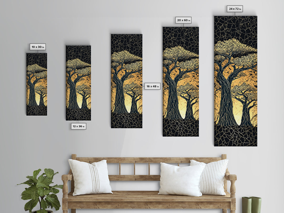 Mosaic Baobab Under Starry Sky, African Wall Art, Abstract Safari Landscape, Earth Tone Decor, Textured Canvas Print Gift