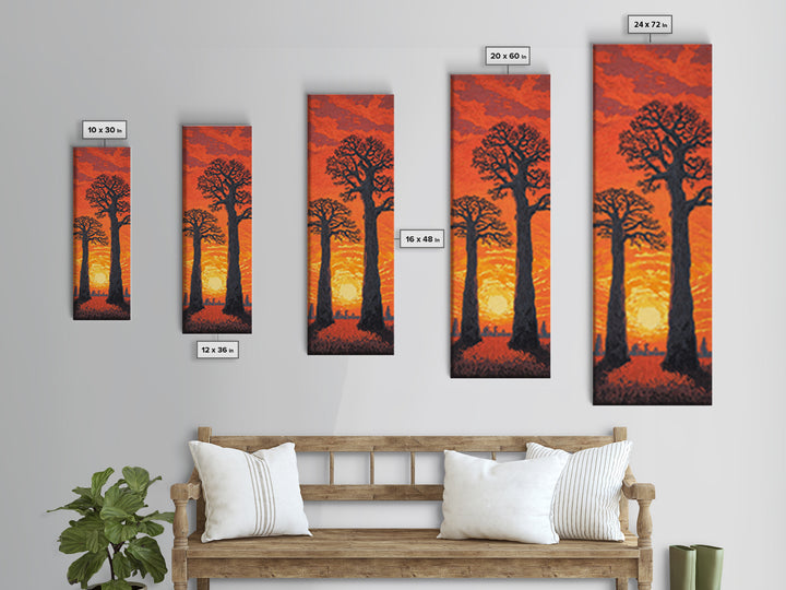 Twin Baobab Trees At Fiery Sunset, African Wall Art, Safari Landscape, Orange Motherland Decor, Framed Canvas Print Gift