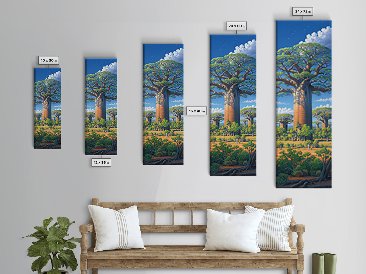 Lush Baobab Village Landscape, African Wall Art, Blue Sky Safari Decor, Madagascar Tree Scene, Premium Canvas Print Gift