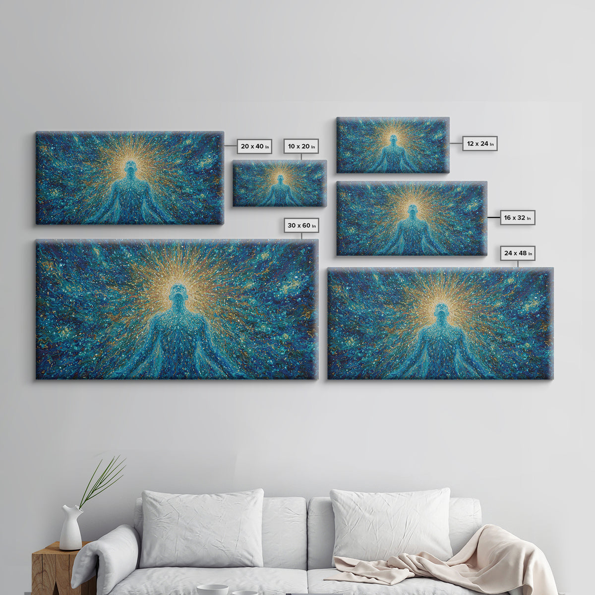 Glowing Spirit Figure In Cosmic Blue Framed Canvas Print, Spiritual Wall Art, Afrocentric Decor, Mystical Abstract Art, Meditation Decor