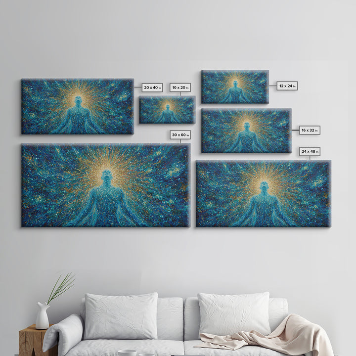 Glowing Spirit Figure In Cosmic Blue Framed Canvas Print, Spiritual Wall Art, Afrocentric Decor, Mystical Abstract Art, Meditation Decor