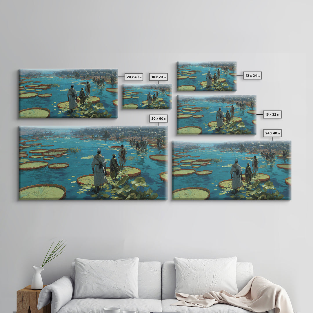 Figures Crossing Giant Lily Pads Canvas Print, African Landscape Wall Decor, Surreal Nature Scene Art, Blue Wetland Home Decor