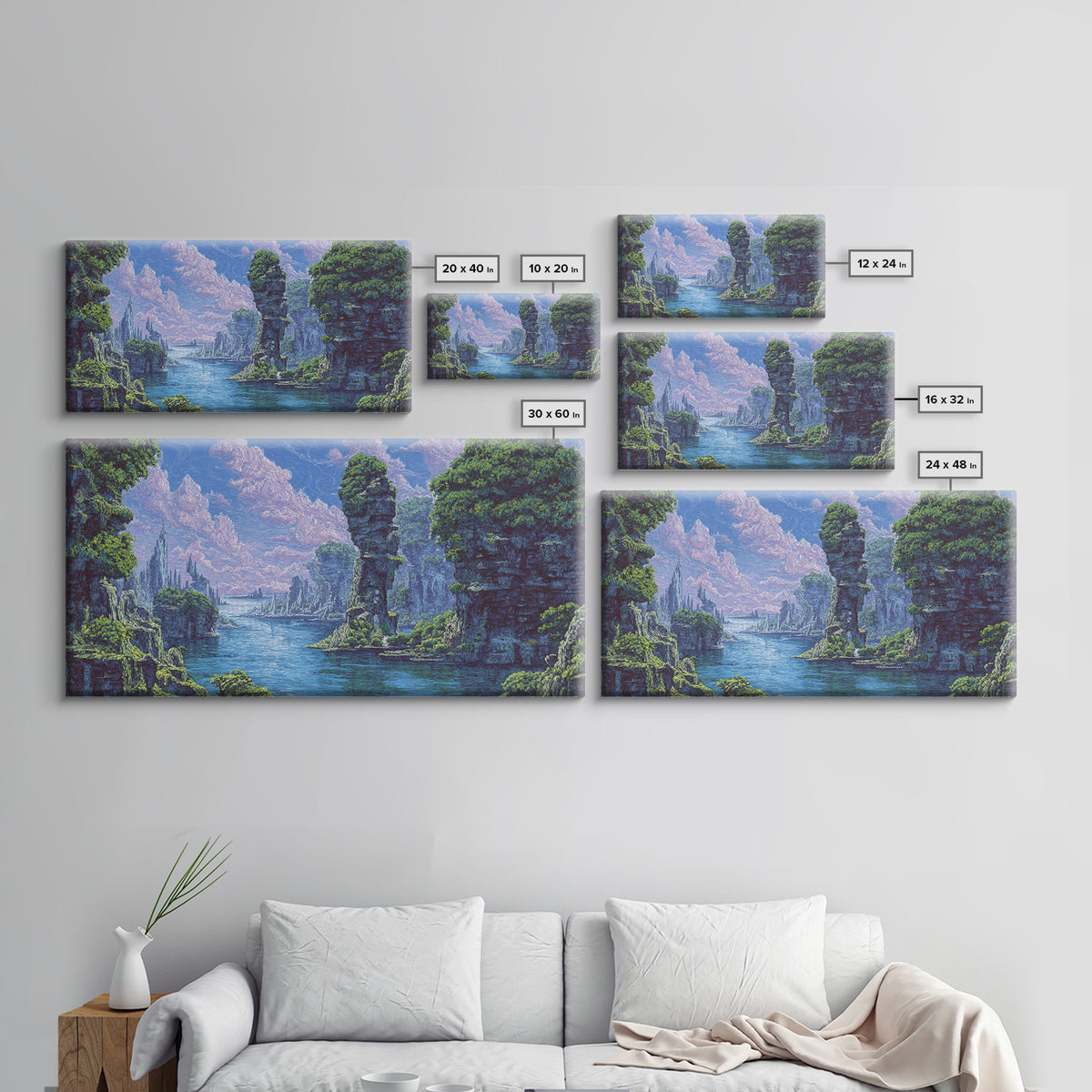 Serene Blue River Cliffs Framed Canvas Print, African Landscape, Nature Scene Art, Dreamy Wall Art For Elegant Home Decor