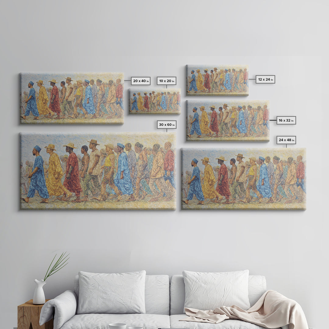 African Procession In Sunlit Robes Canvas Print, Cultural Wall Decor, Panoramic Black Art For Living Room And Office Gallery