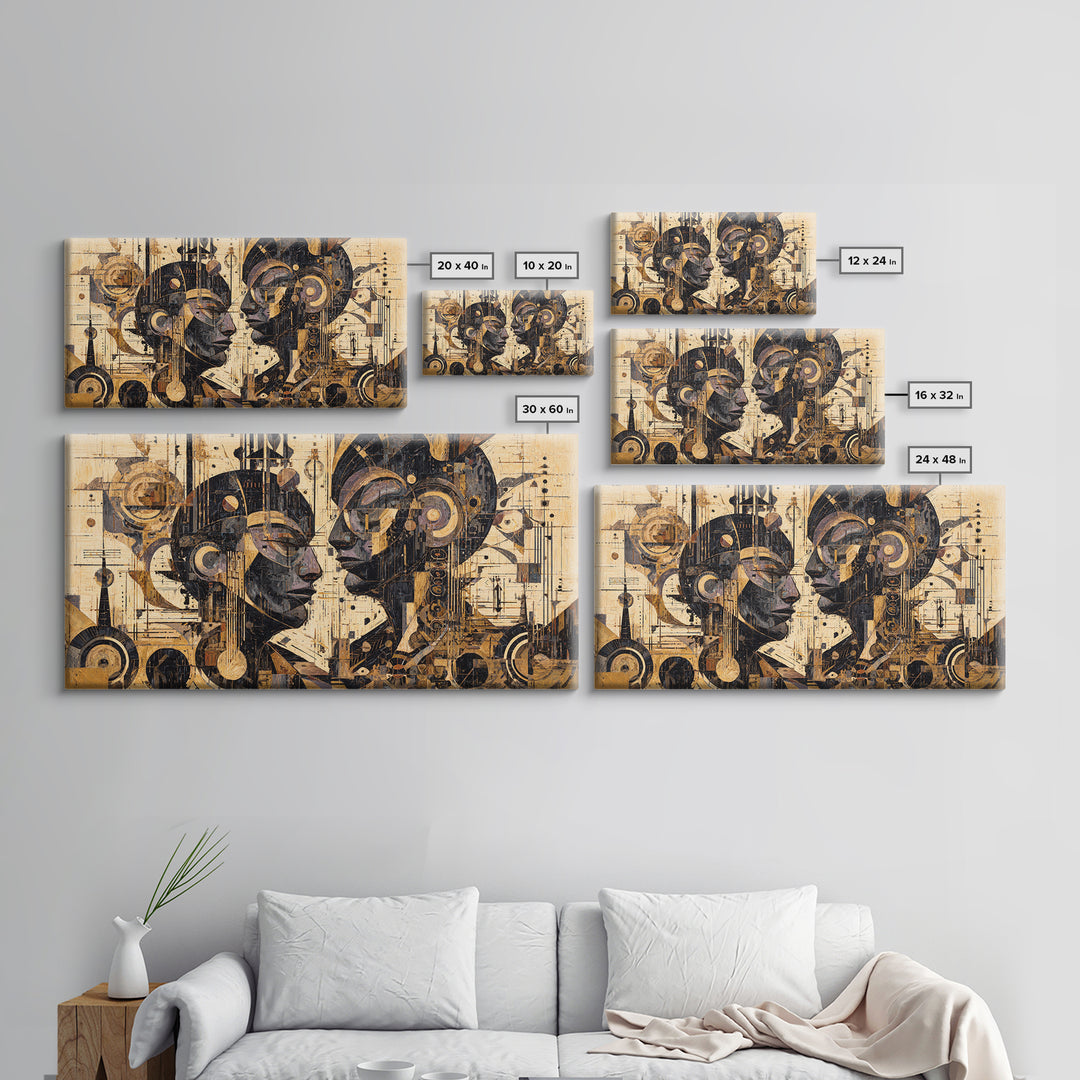 Geometric African Couple Profiles Framed Canvas Print, Abstract Afrocentric Wall Art, Gold Black Modern Cubism Decor Gift