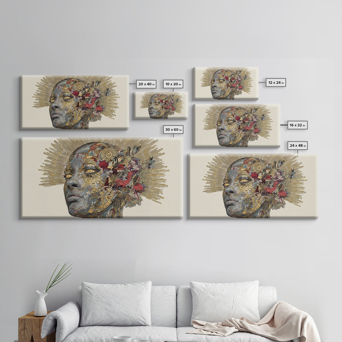 Black Woman Golden Halo Portrait Canvas Print, Mosaic Floral African Beauty Wall Art, Elegant Feminine Home Decor Gift Print