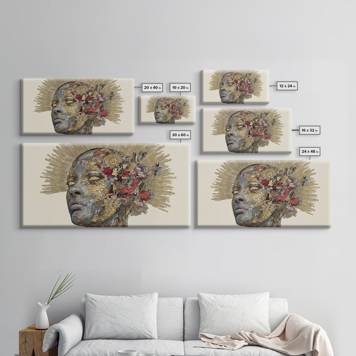Black Woman Golden Halo Portrait Canvas Print, Mosaic Floral African Beauty Wall Art, Elegant Feminine Home Decor Gift Print