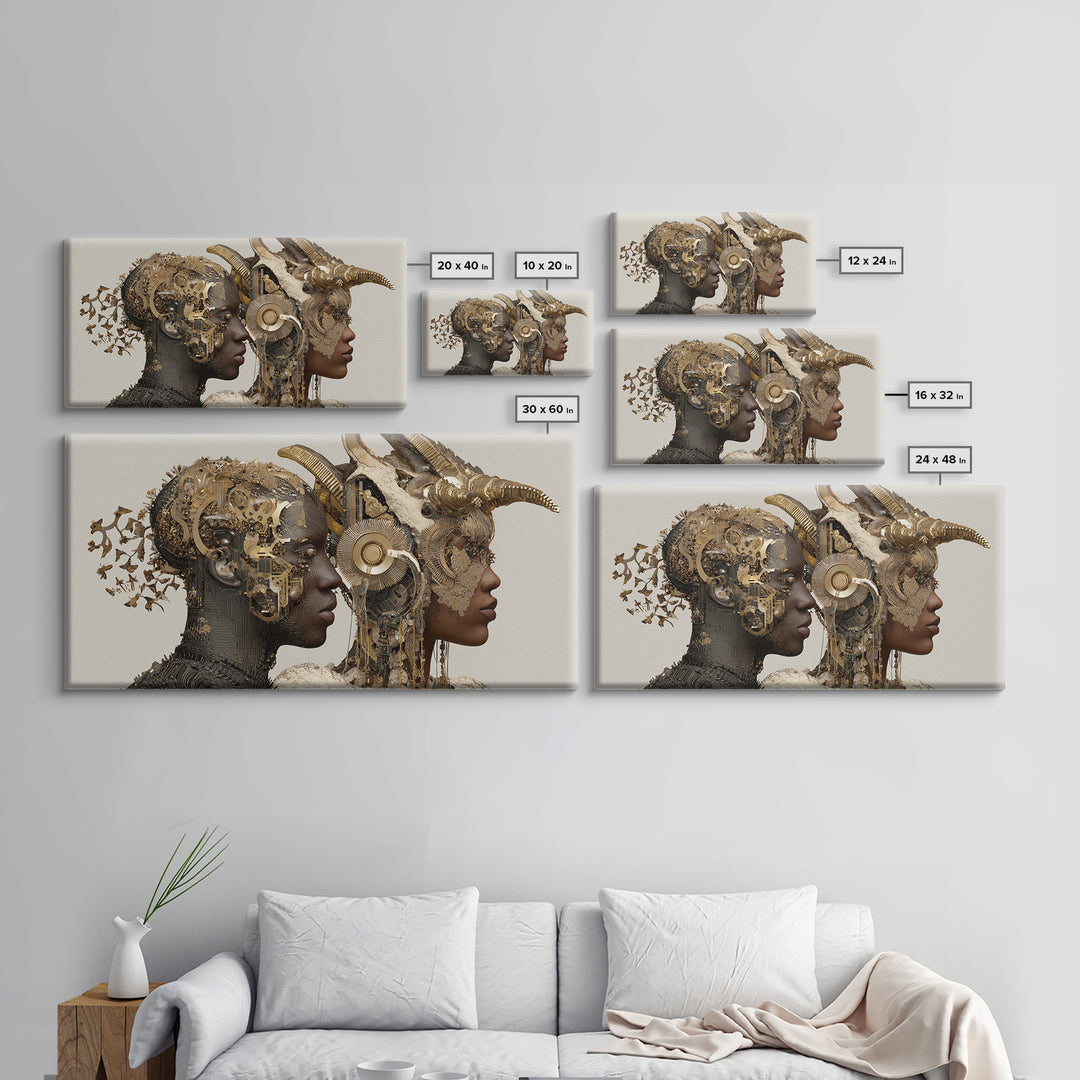 Afrofuturist Royal Couple With Horned Crowns Wall Art, African Goddess Portrait Canvas Print, Luxury Sci Fi Decor Gift Art