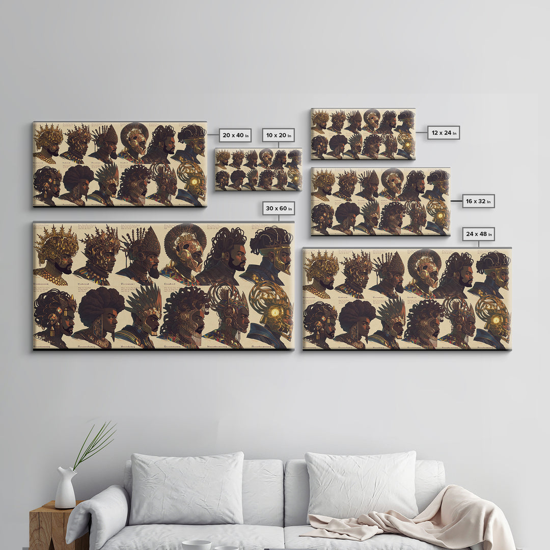 Ornate African Kings And Warriors Lineup Canvas Print, Royal Tribal Portrait Wall Art, Black Culture Decor Poster Gift Set
