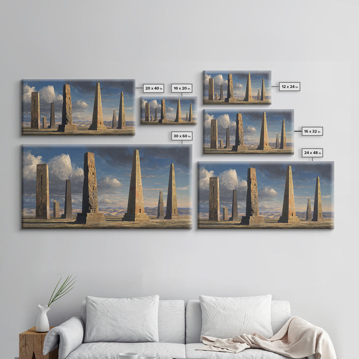 Ancient Carved Desert Obelisks Wall Art, African Egyptian Art Print, Monument Landscape, Earth Tone Home Decor Gift For Living Room