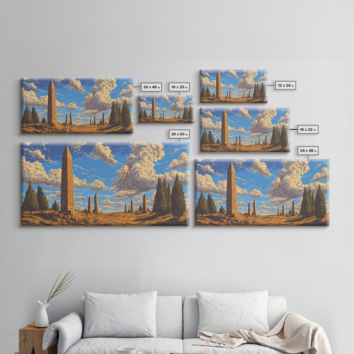 Golden Sky Obelisk Garden Wall Art, African Landscape Print, Ancient Monument Decor, Boho Earth Tone Living Room Artwork