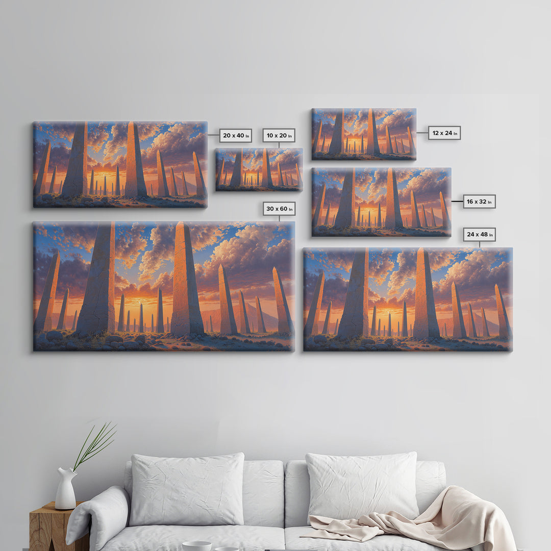 Sunset Obelisk Field Wall Art, African Egyptian Art Print, Ancient Desert Landscape, Warm Orange Statement Home Decor Gift