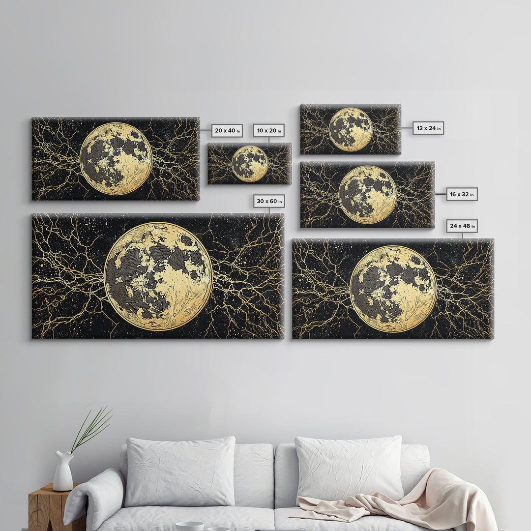 Golden Full Moon Wall Art, Black And Gold Celestial Canvas Print, Mystical Wall Decor, Abstract Night Sky Gift For Bedroom Home