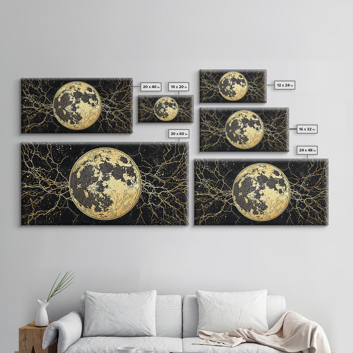 Golden Full Moon Wall Art, Black And Gold Celestial Canvas Print, Mystical Wall Decor, Abstract Night Sky Gift For Bedroom Home