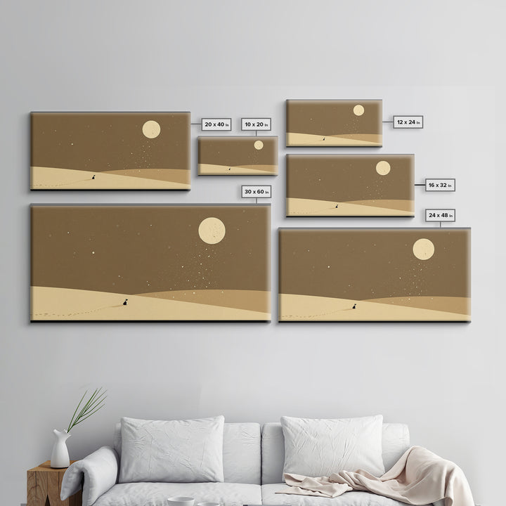 Lone Traveler In Moonlit Sahara Dunes Wall Art, Minimalist African Landscape, Desert Night Canvas, Earth Tone Boho Home Decor