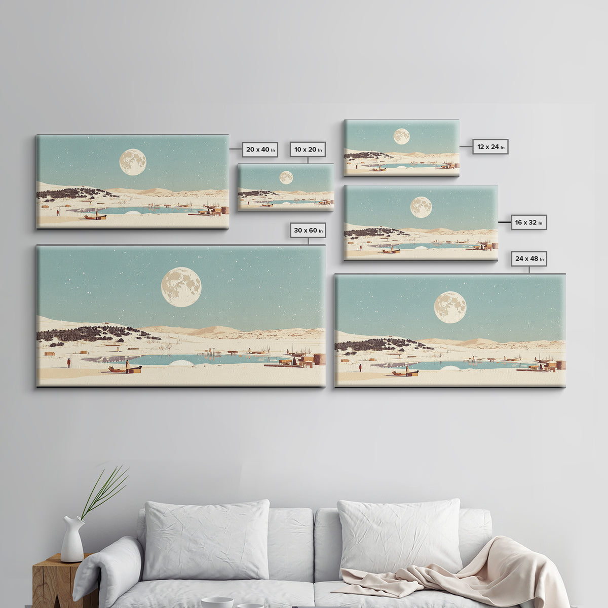 Moonlit Lake Village With Boats Canvas Print, African Landscape Wall Decor, Serene Travel Poster, Blue Bedroom Art Home Decor
